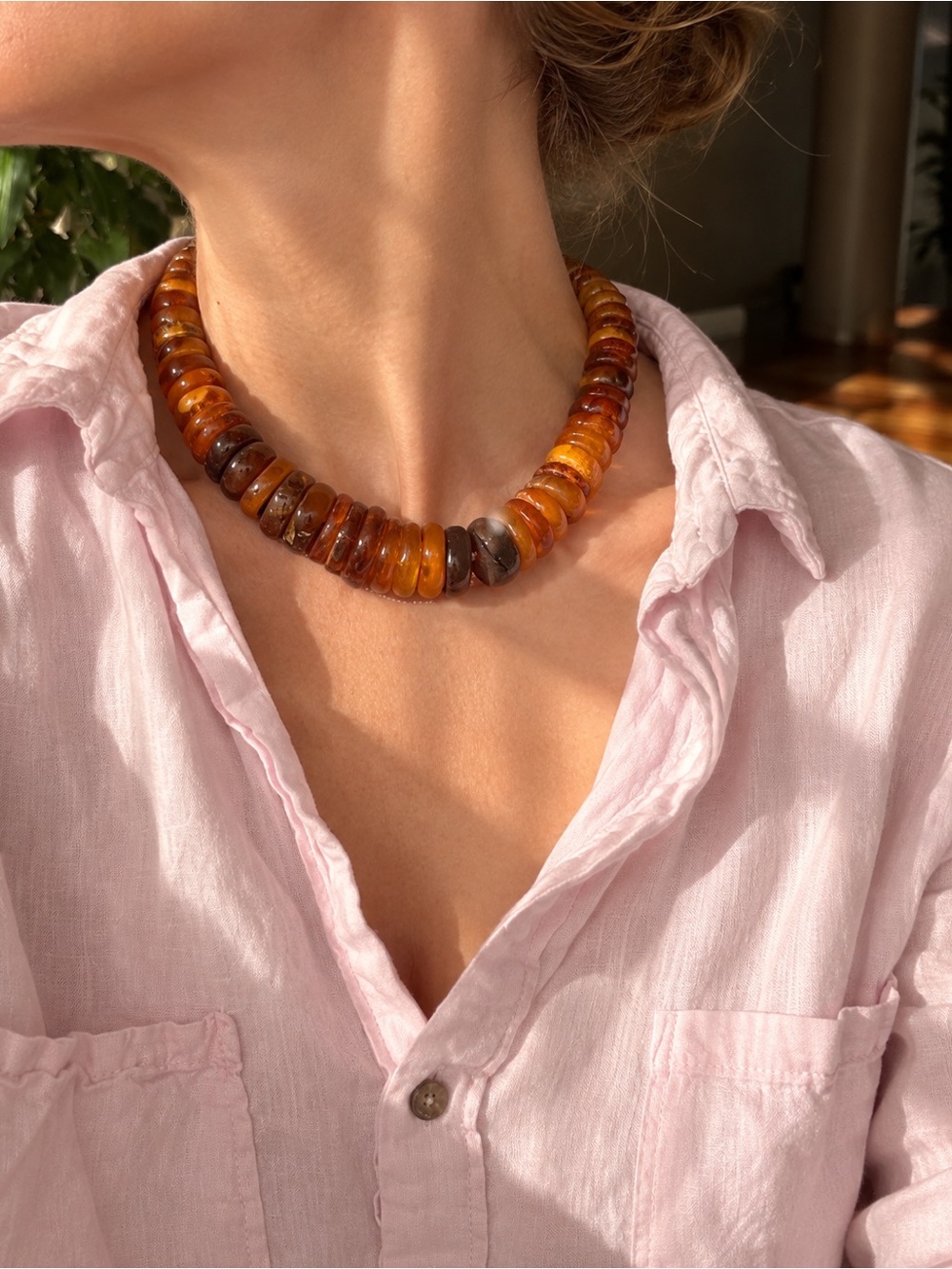 Amber Bead Choker Necklace - Honey Brown